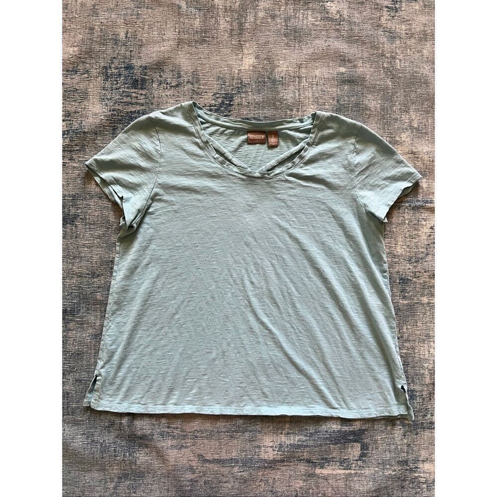 Chico's Pale Aquamarine Blue Slub Knit Strappy Neckline Tee Size 2 / Large